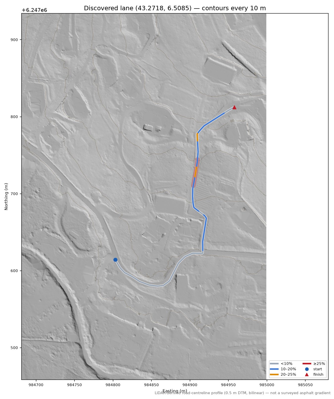 Discovered lane (43.2718, 6.5085) LiDAR hillshade map with contours