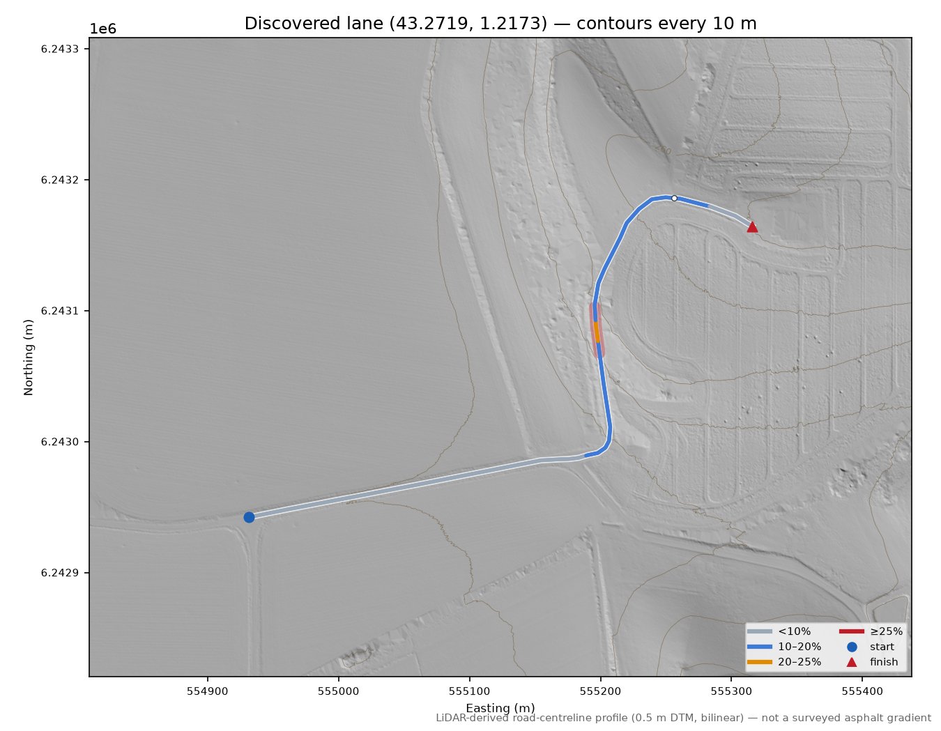 Discovered lane (43.2719, 1.2173) LiDAR hillshade map with contours