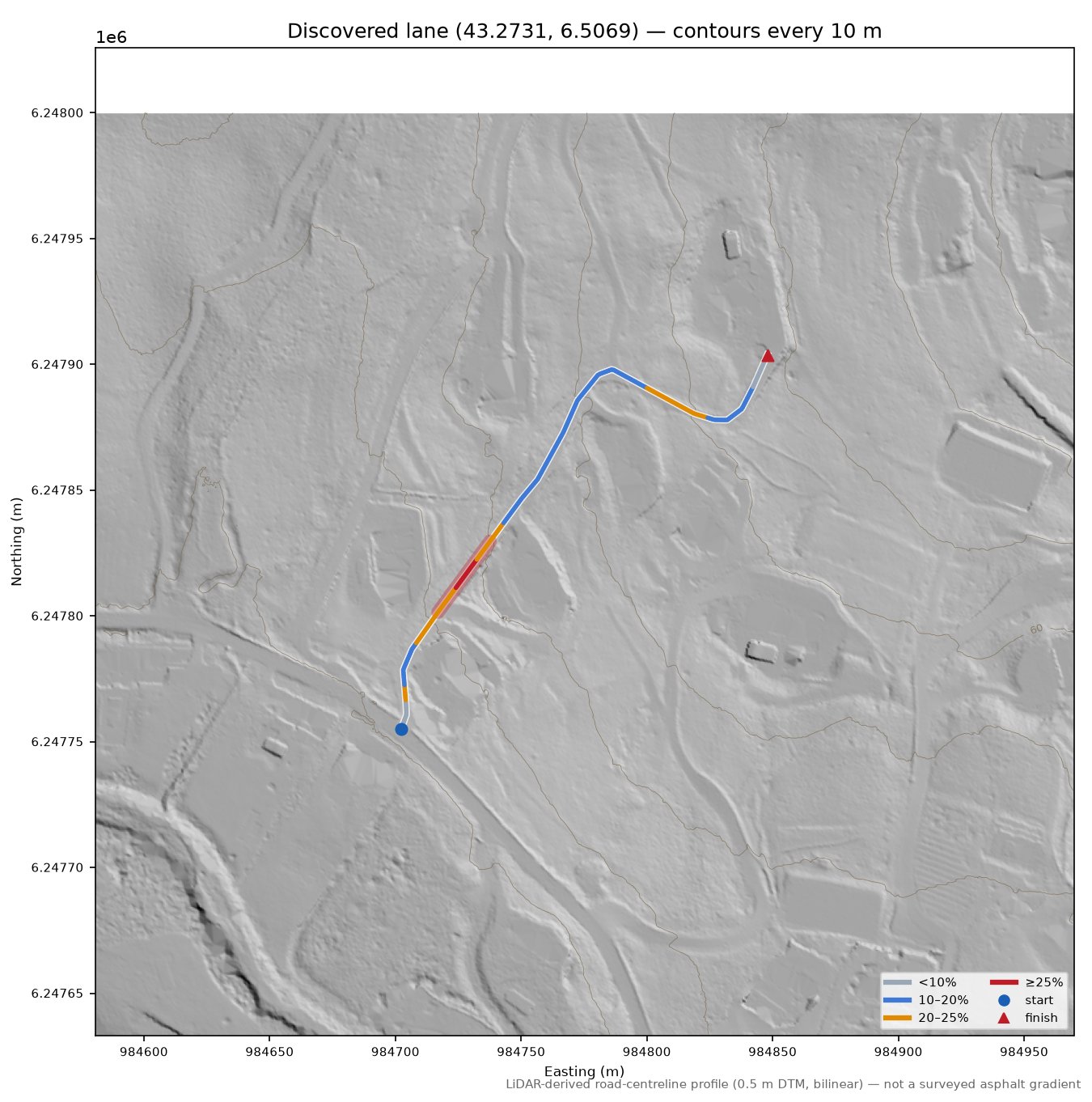 Discovered lane (43.2731, 6.5069) LiDAR hillshade map with contours