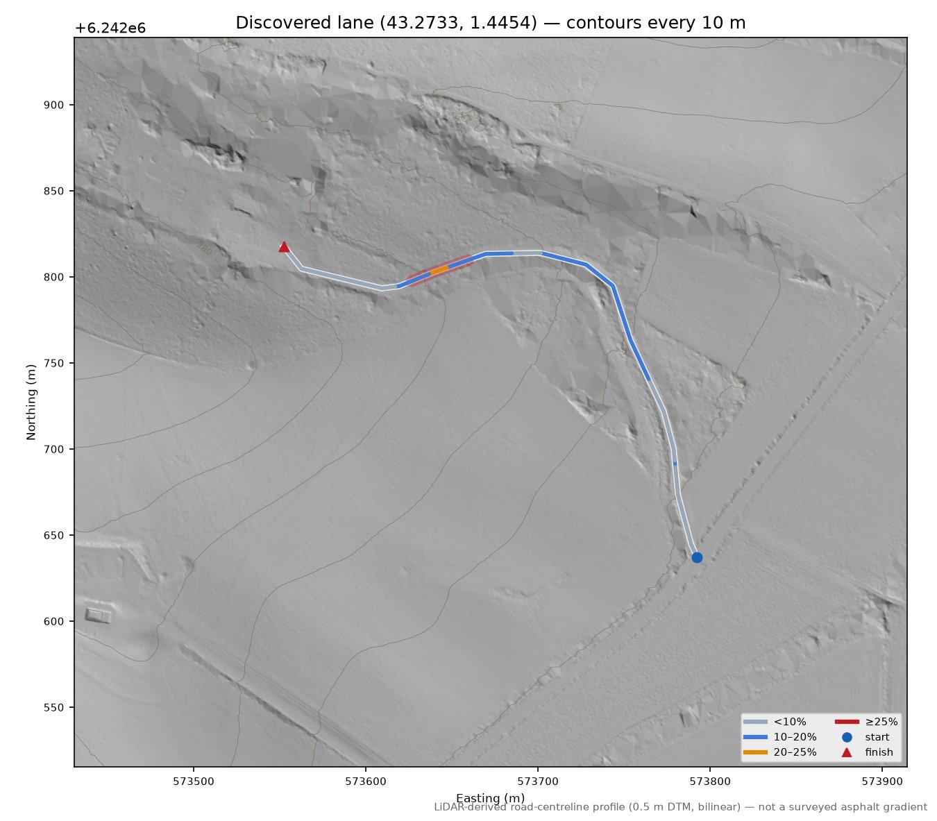 Discovered lane (43.2733, 1.4454) LiDAR hillshade map with contours