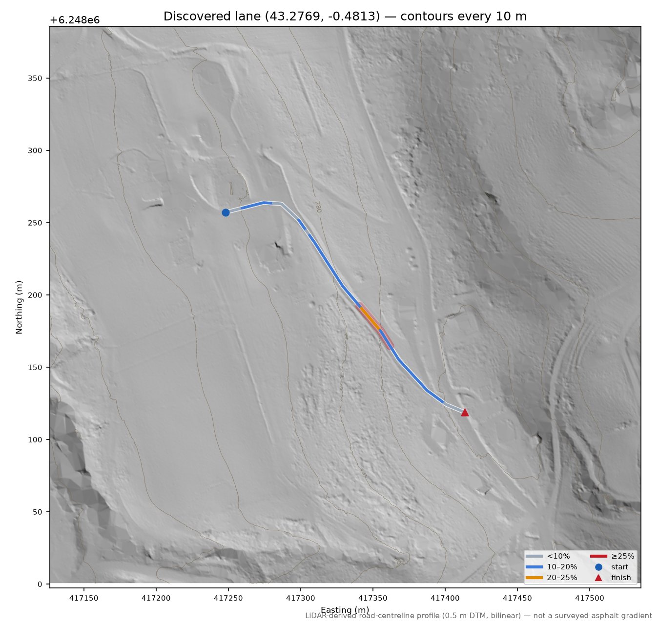 Discovered lane (43.2769, -0.4813) LiDAR hillshade map with contours
