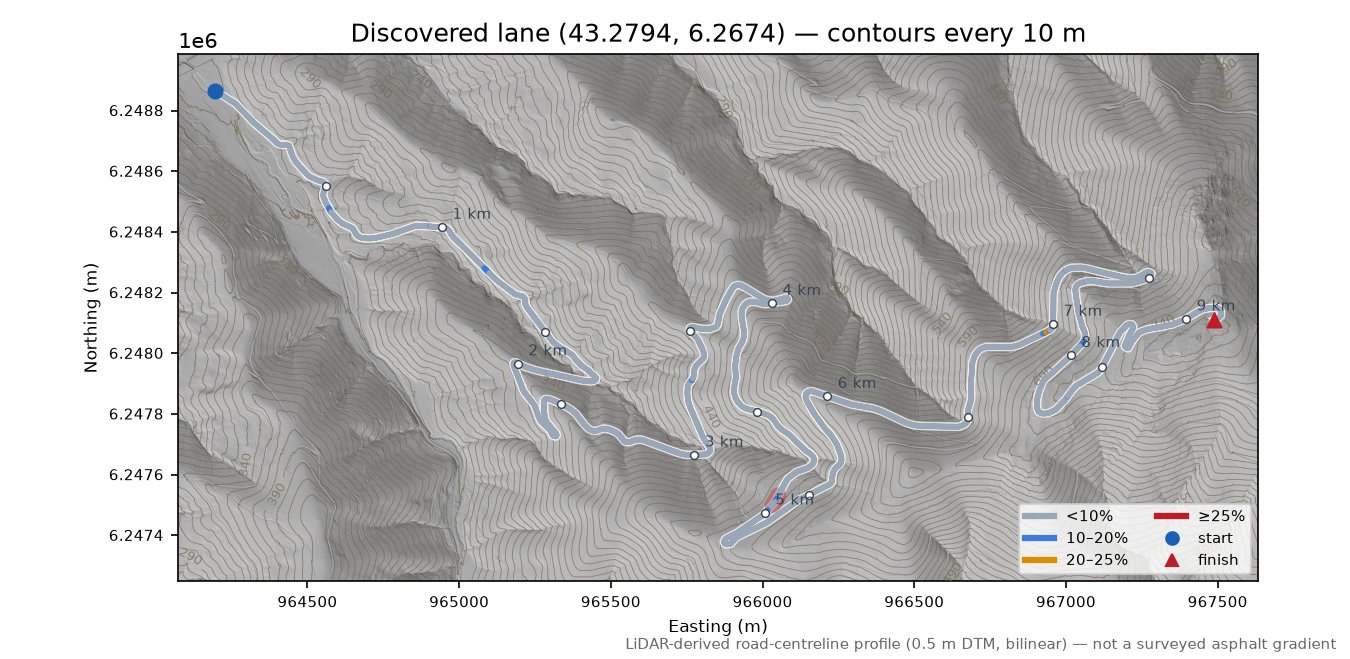 Discovered lane (43.2794, 6.2674) LiDAR hillshade map with contours