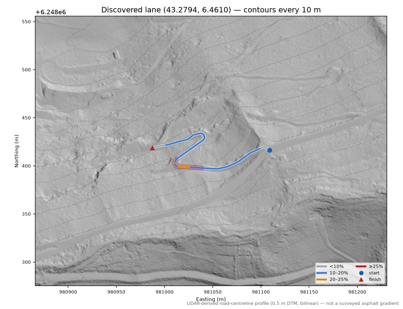 Discovered lane (43.2794, 6.4610) LiDAR hillshade map with contours