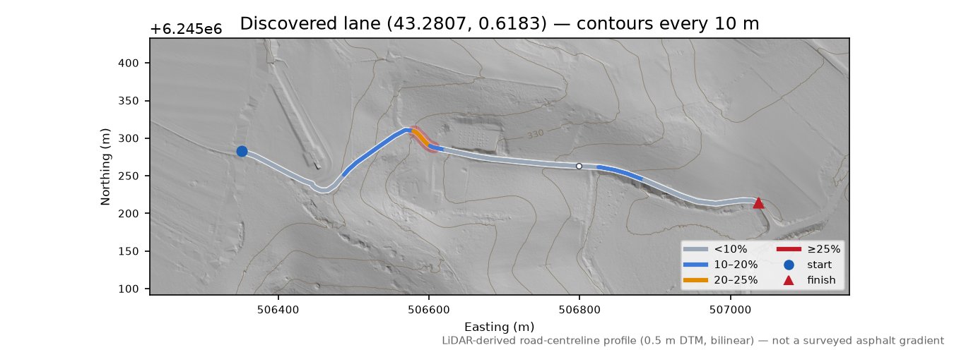 Discovered lane (43.2807, 0.6183) LiDAR hillshade map with contours