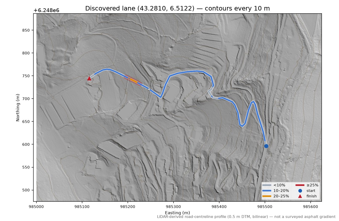 Discovered lane (43.2810, 6.5122) LiDAR hillshade map with contours