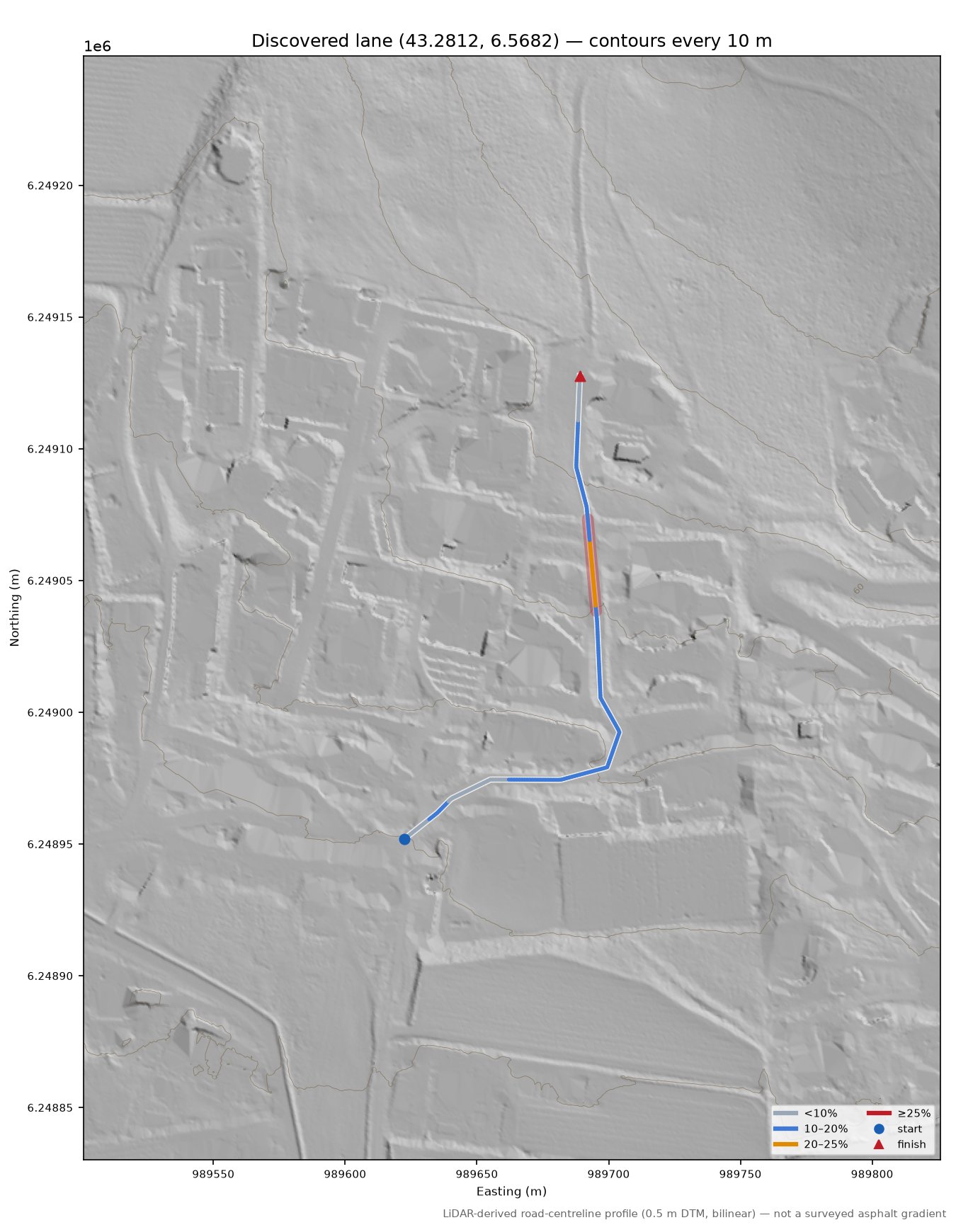 Discovered lane (43.2812, 6.5682) LiDAR hillshade map with contours