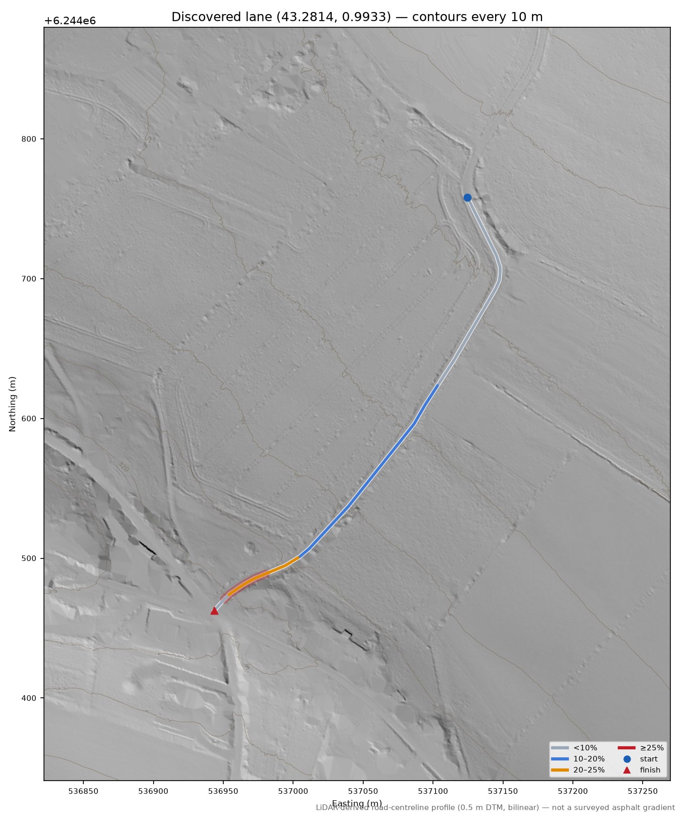 Discovered lane (43.2814, 0.9933) LiDAR hillshade map with contours