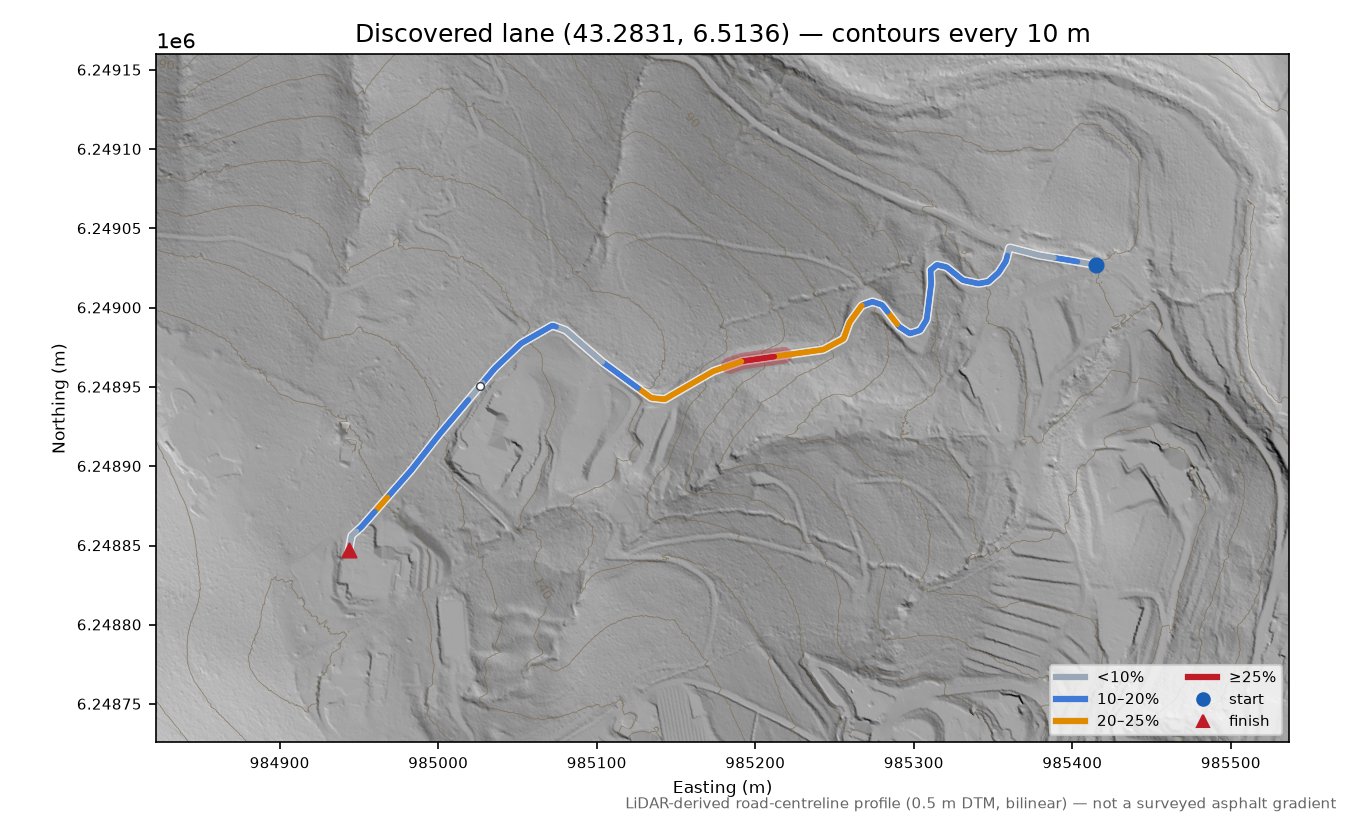 Discovered lane (43.2831, 6.5136) LiDAR hillshade map with contours