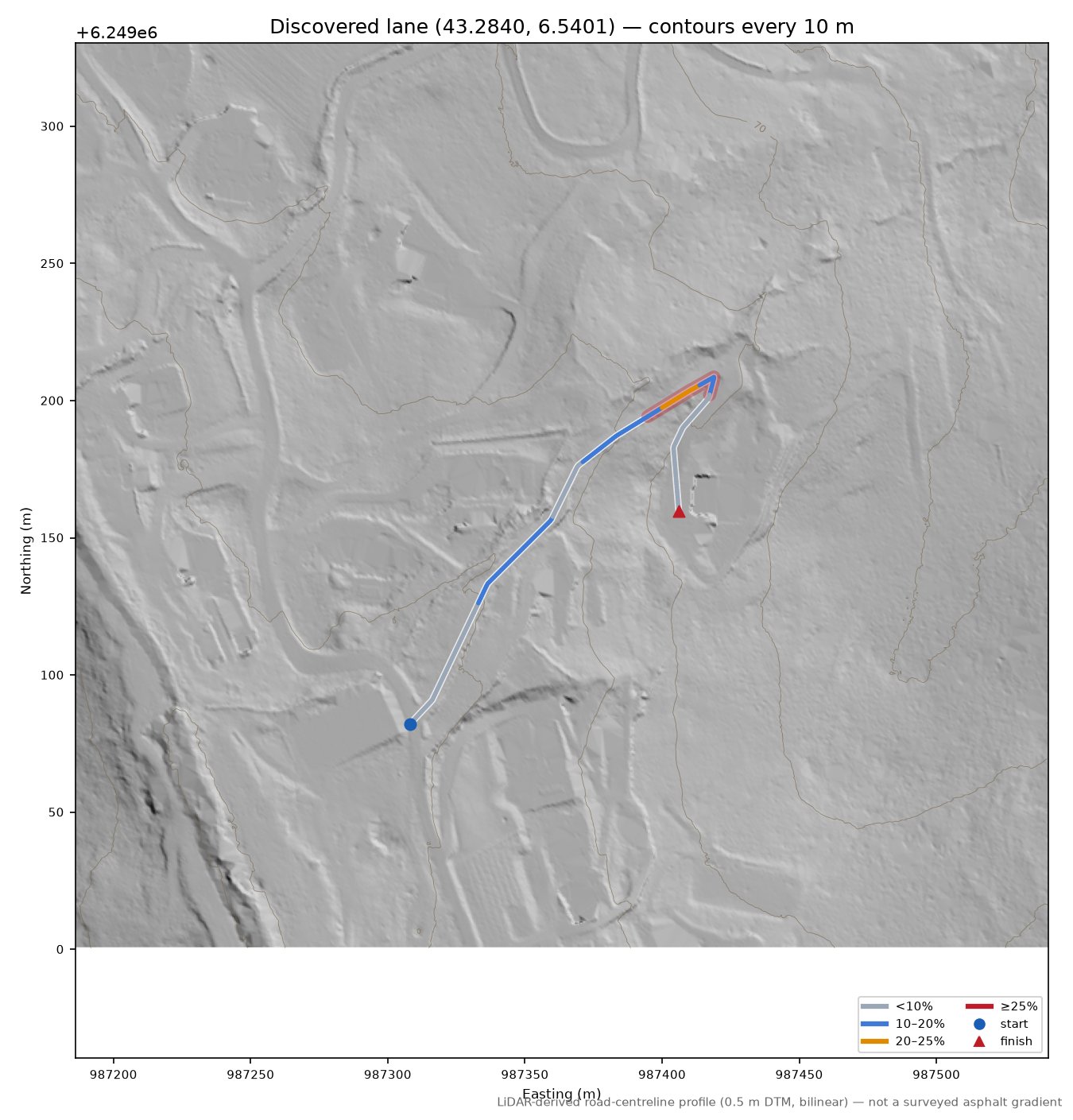 Discovered lane (43.2840, 6.5401) LiDAR hillshade map with contours