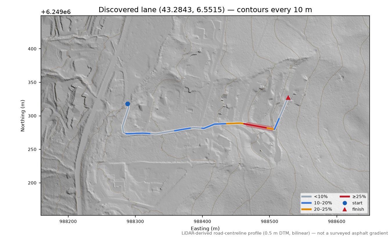 Discovered lane (43.2843, 6.5515) LiDAR hillshade map with contours