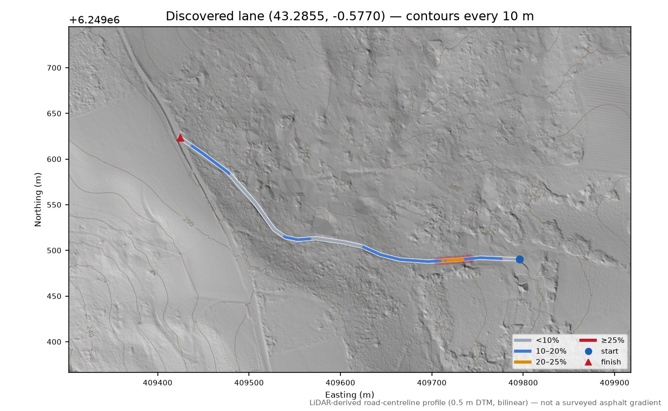 Discovered lane (43.2855, -0.5770) LiDAR hillshade map with contours