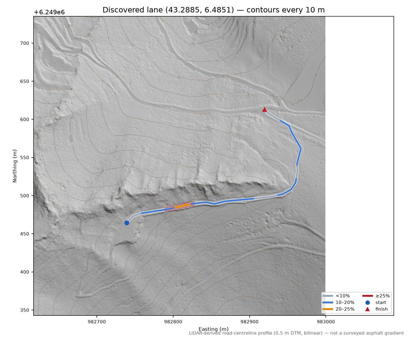 Discovered lane (43.2885, 6.4851) LiDAR hillshade map with contours