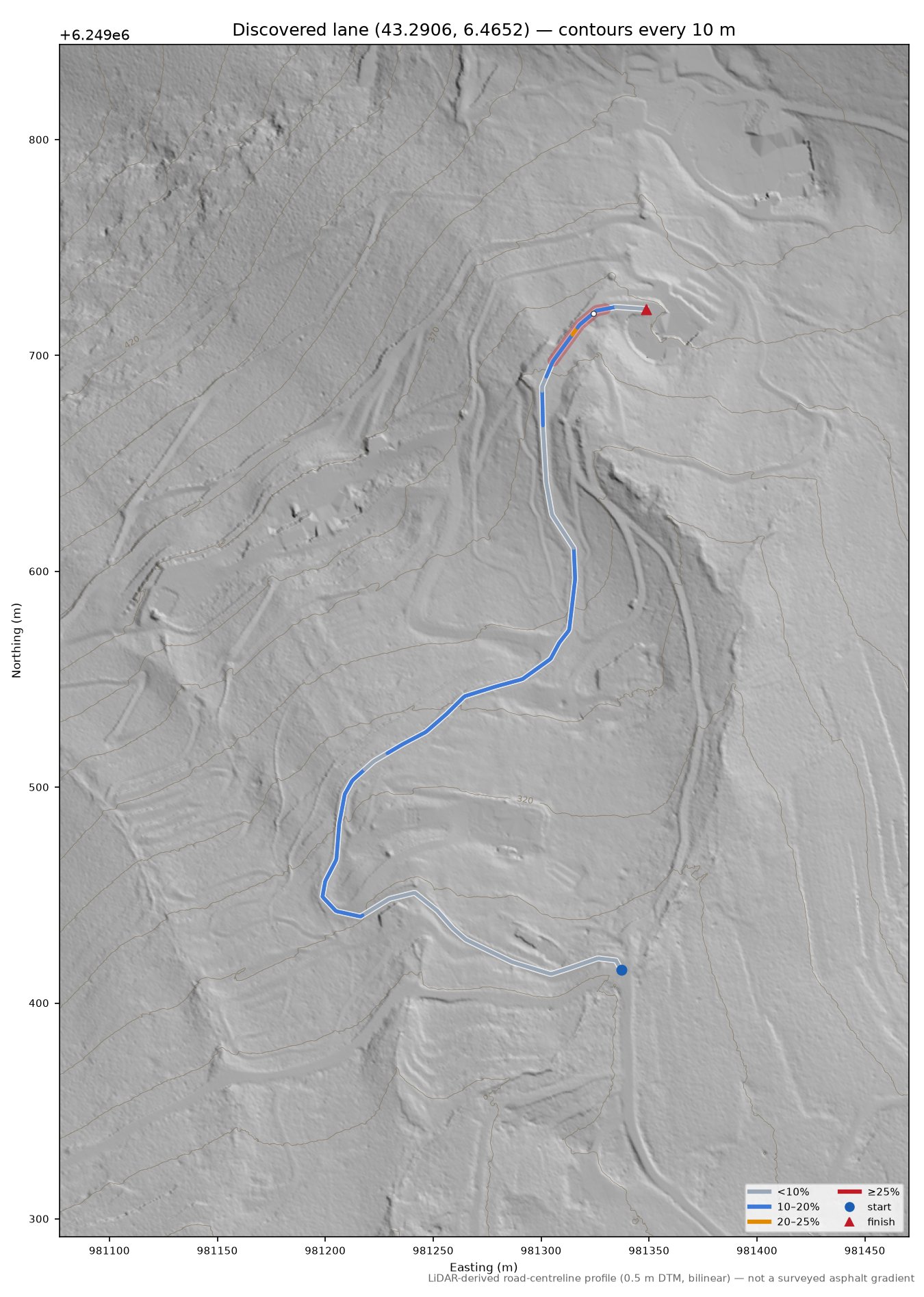 Discovered lane (43.2906, 6.4652) LiDAR hillshade map with contours