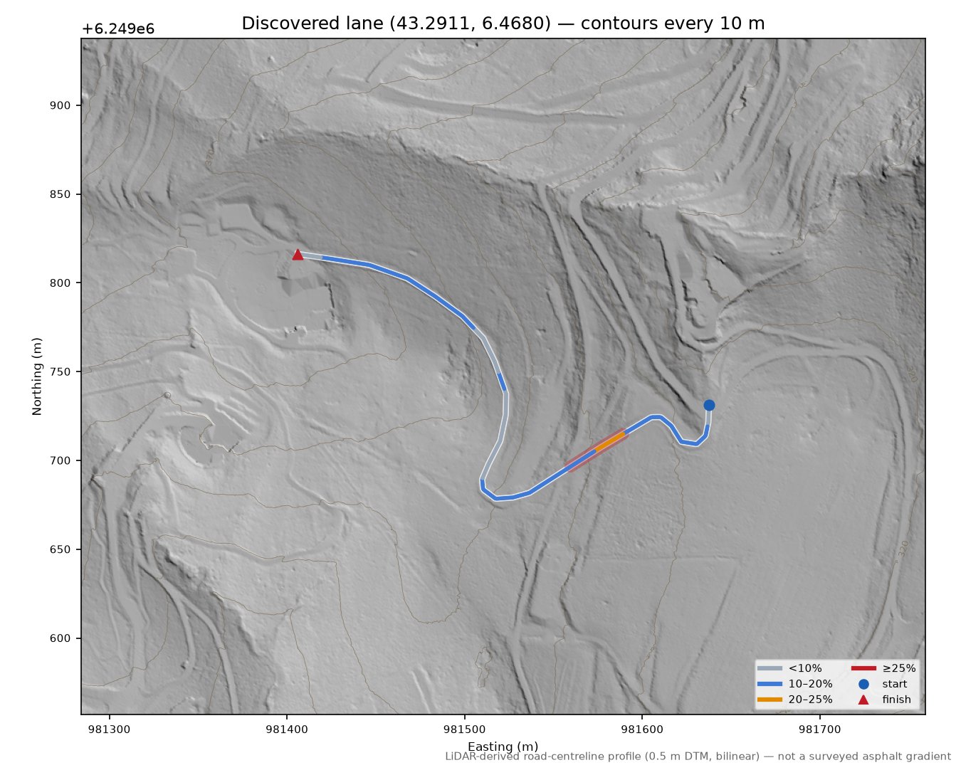 Discovered lane (43.2911, 6.4680) LiDAR hillshade map with contours