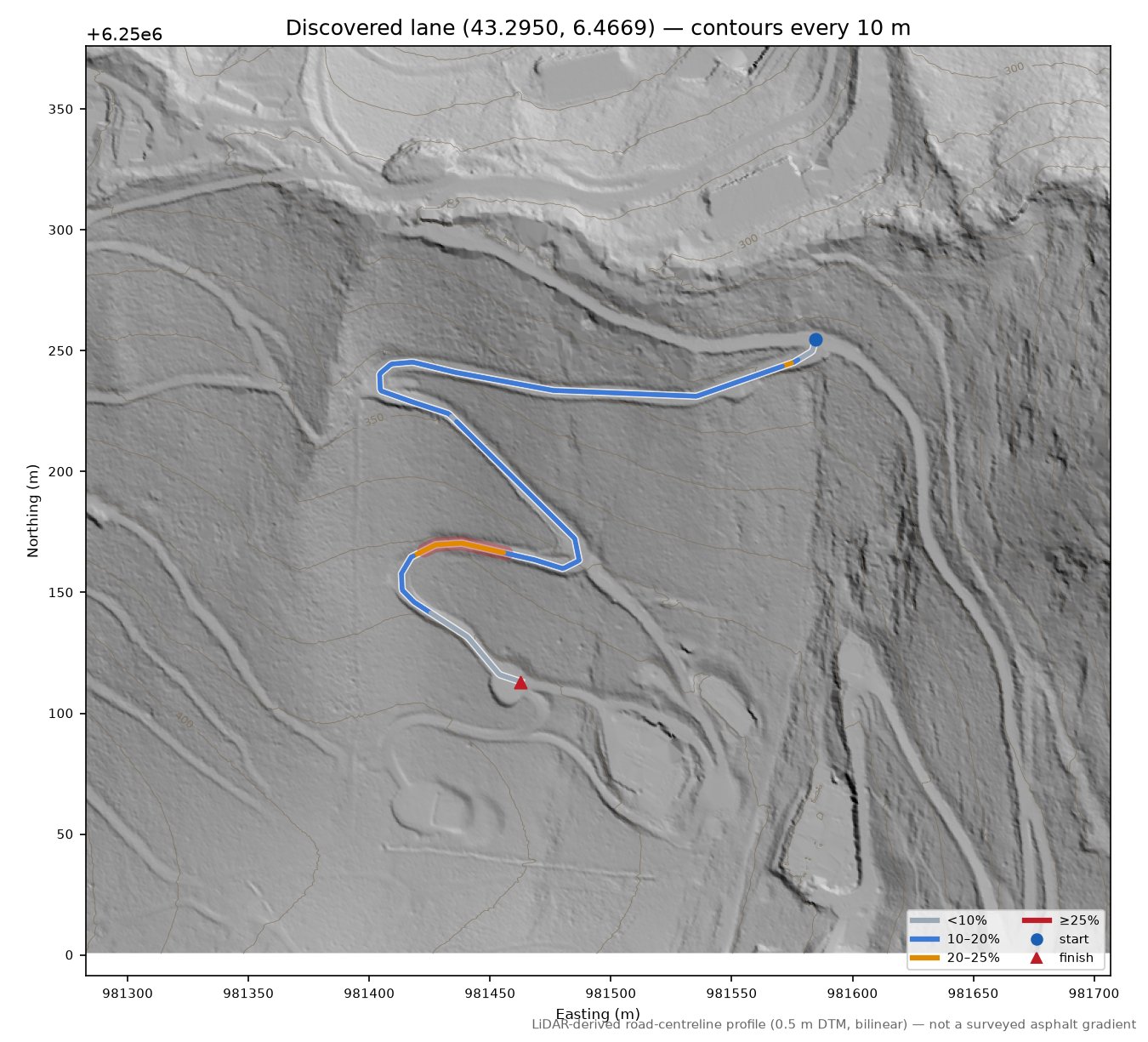 Discovered lane (43.2950, 6.4669) LiDAR hillshade map with contours