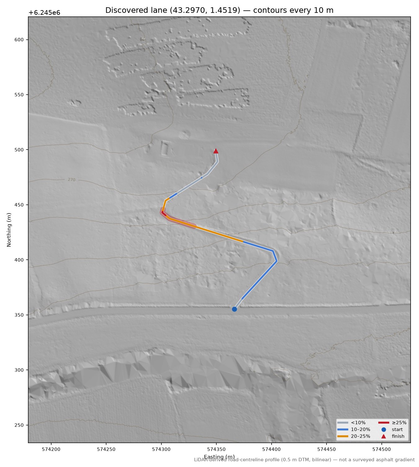 Discovered lane (43.2970, 1.4519) LiDAR hillshade map with contours