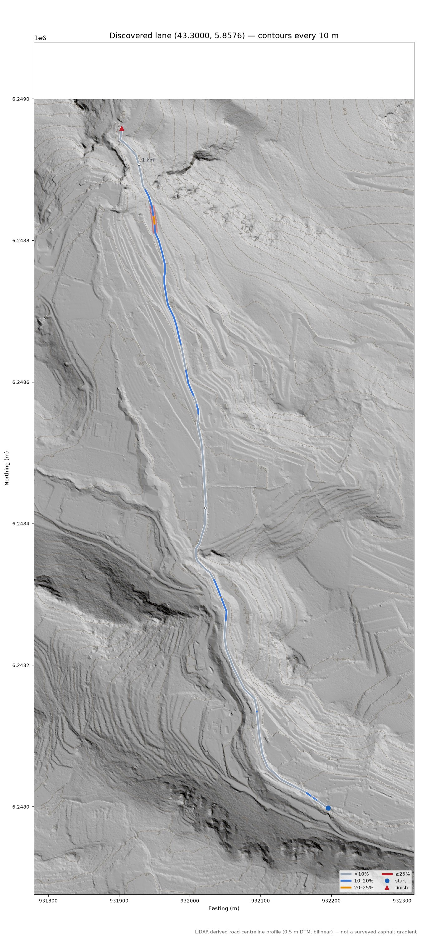 Discovered lane (43.3000, 5.8576) LiDAR hillshade map with contours