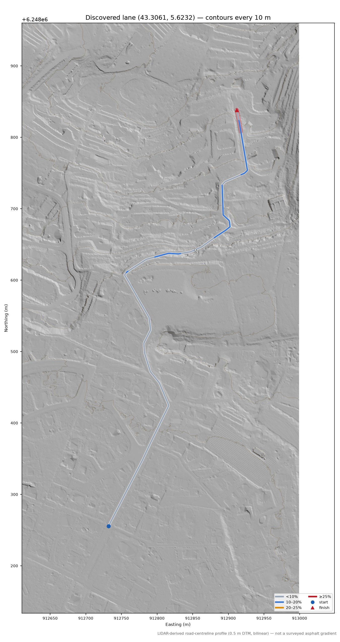 Discovered lane (43.3061, 5.6232) LiDAR hillshade map with contours