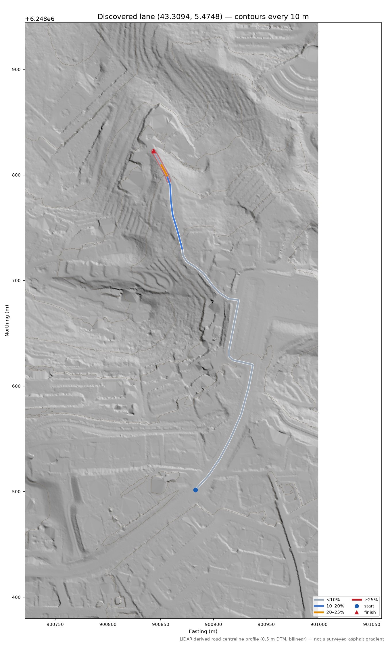 Discovered lane (43.3094, 5.4748) LiDAR hillshade map with contours