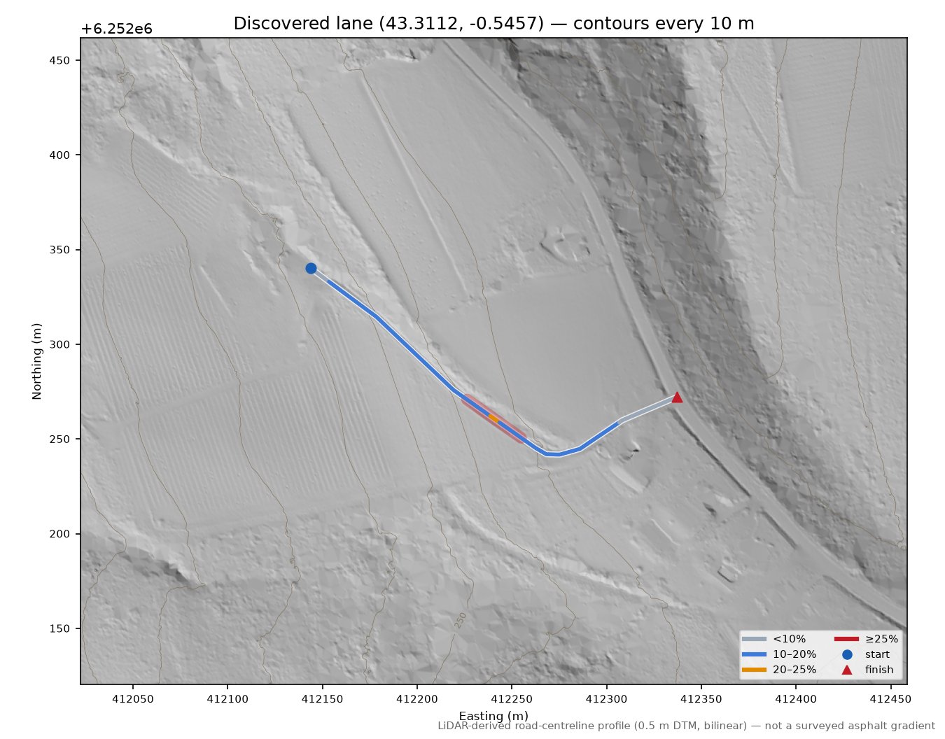 Discovered lane (43.3112, -0.5457) LiDAR hillshade map with contours