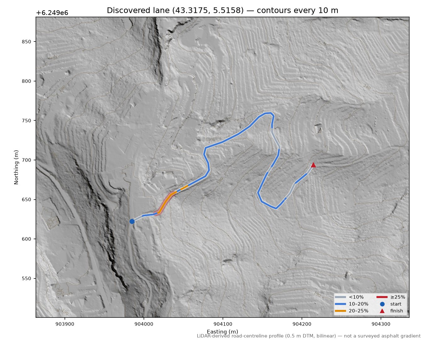 Discovered lane (43.3175, 5.5158) LiDAR hillshade map with contours