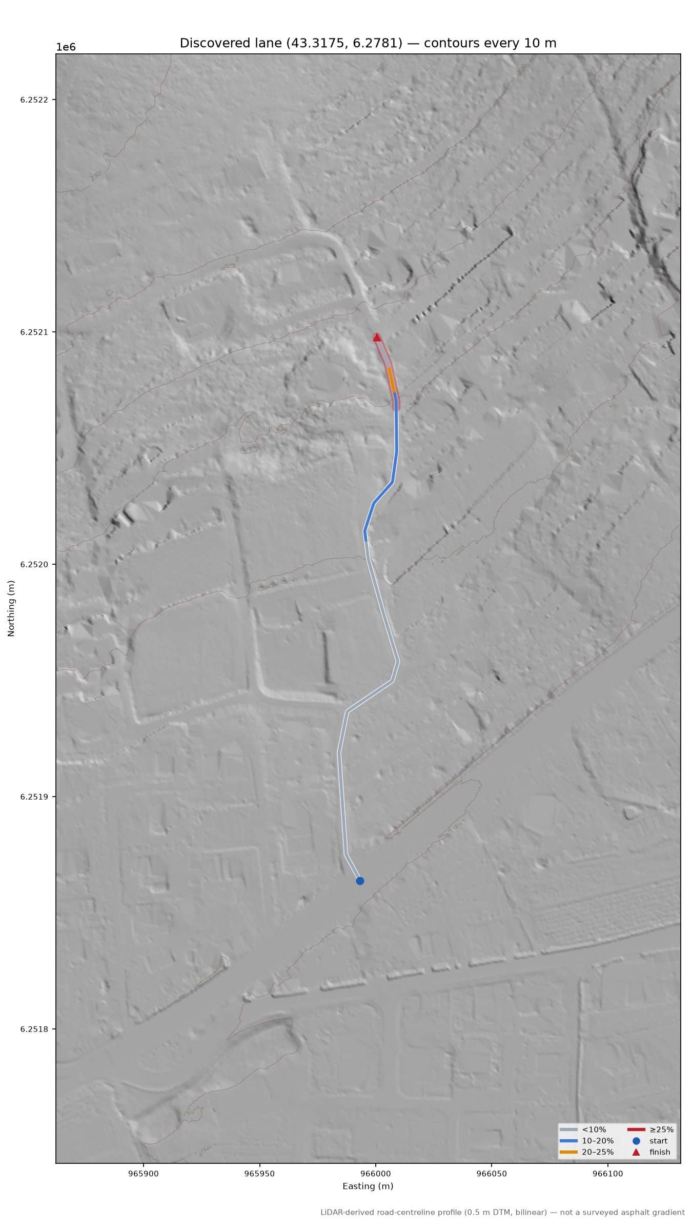 Discovered lane (43.3175, 6.2781) LiDAR hillshade map with contours