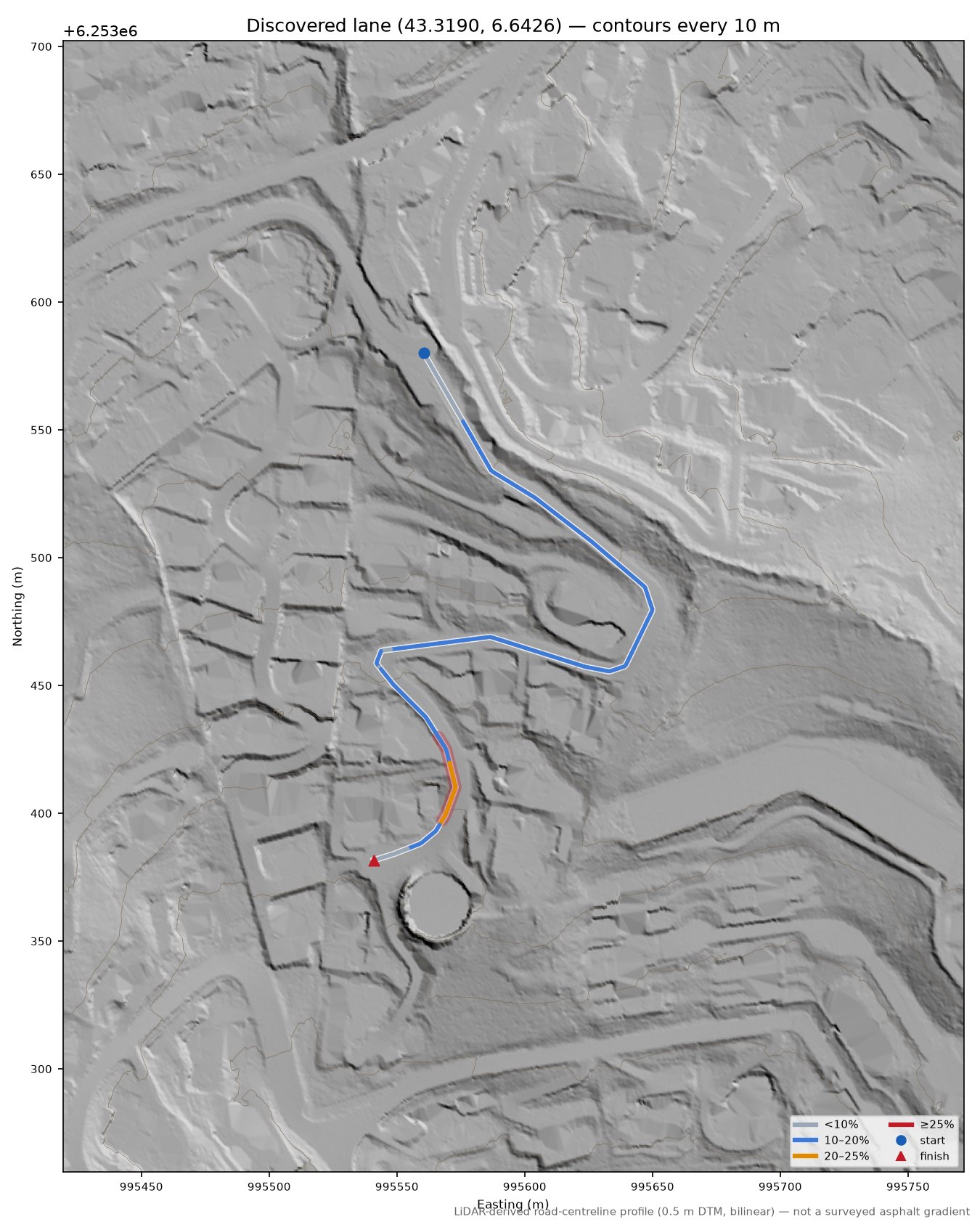 Discovered lane (43.3190, 6.6426) LiDAR hillshade map with contours
