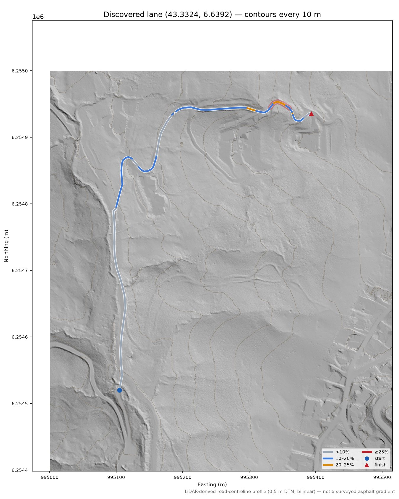 Discovered lane (43.3324, 6.6392) LiDAR hillshade map with contours