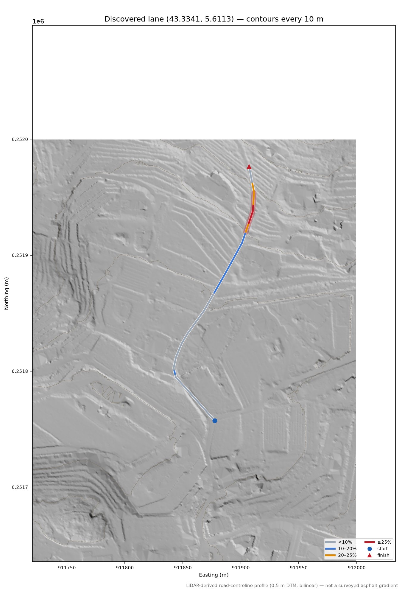 Discovered lane (43.3341, 5.6113) LiDAR hillshade map with contours
