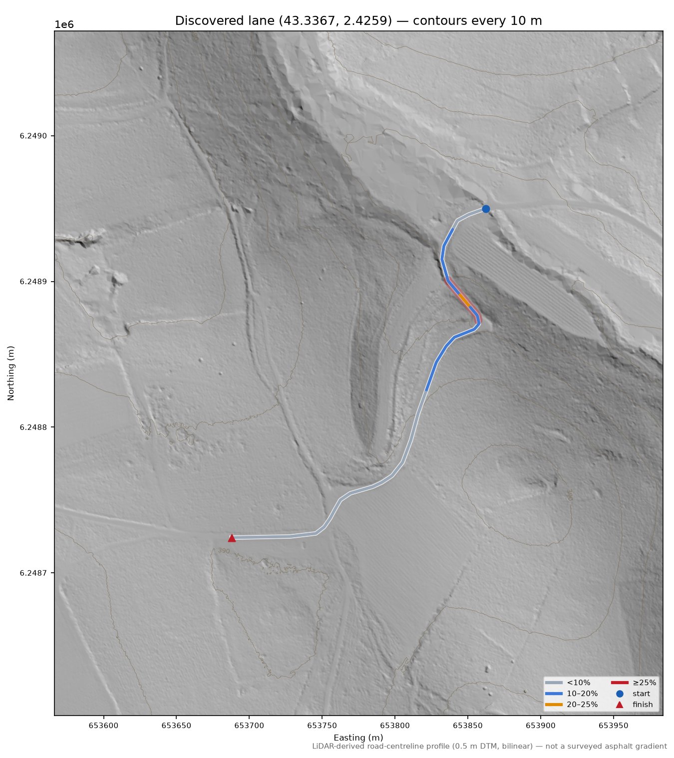 Discovered lane (43.3367, 2.4259) LiDAR hillshade map with contours