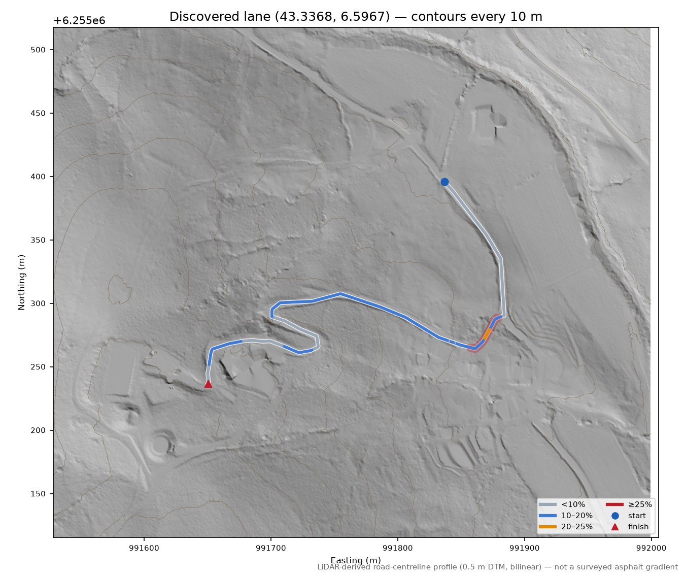 Discovered lane (43.3368, 6.5967) LiDAR hillshade map with contours