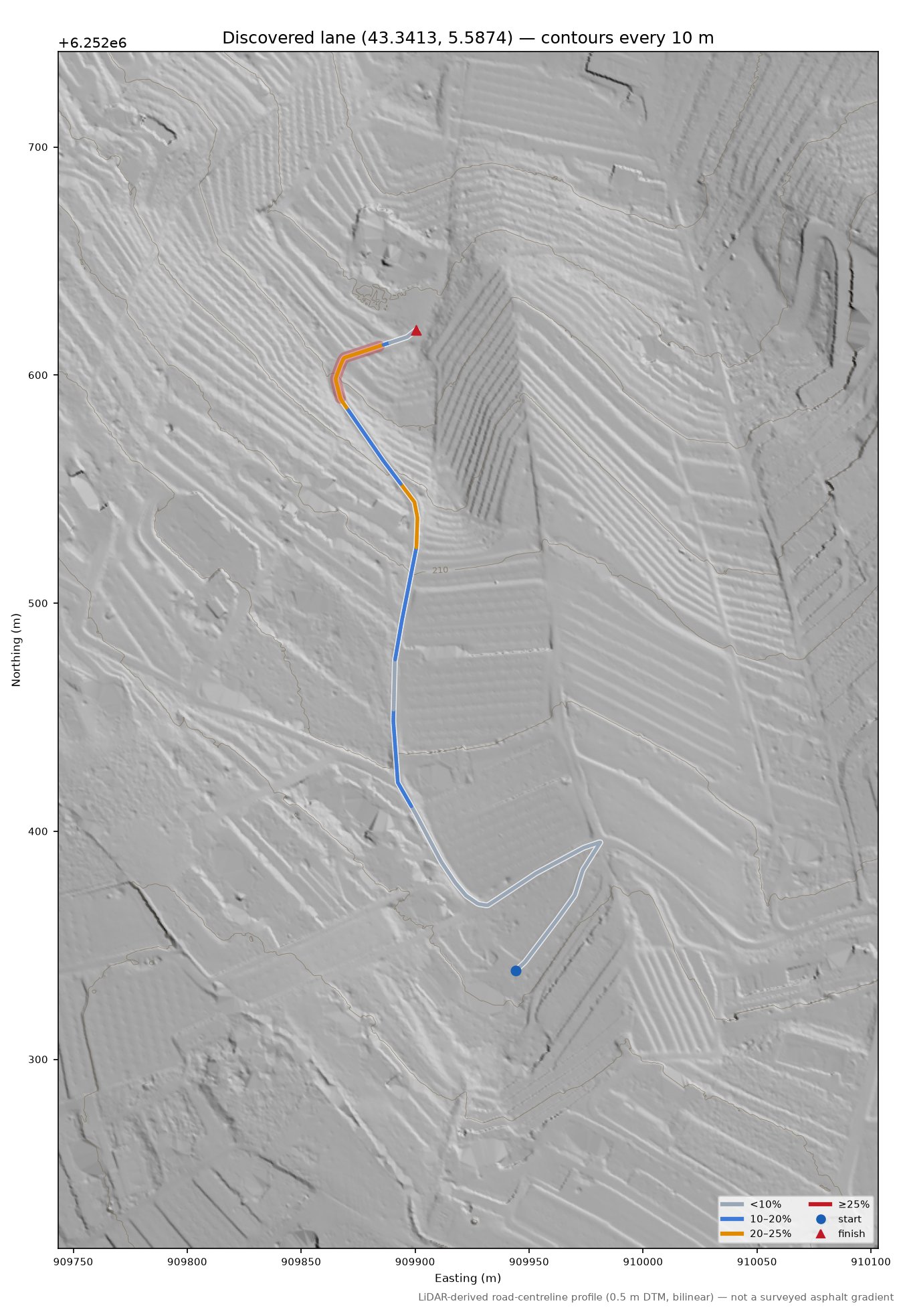 Discovered lane (43.3413, 5.5874) LiDAR hillshade map with contours