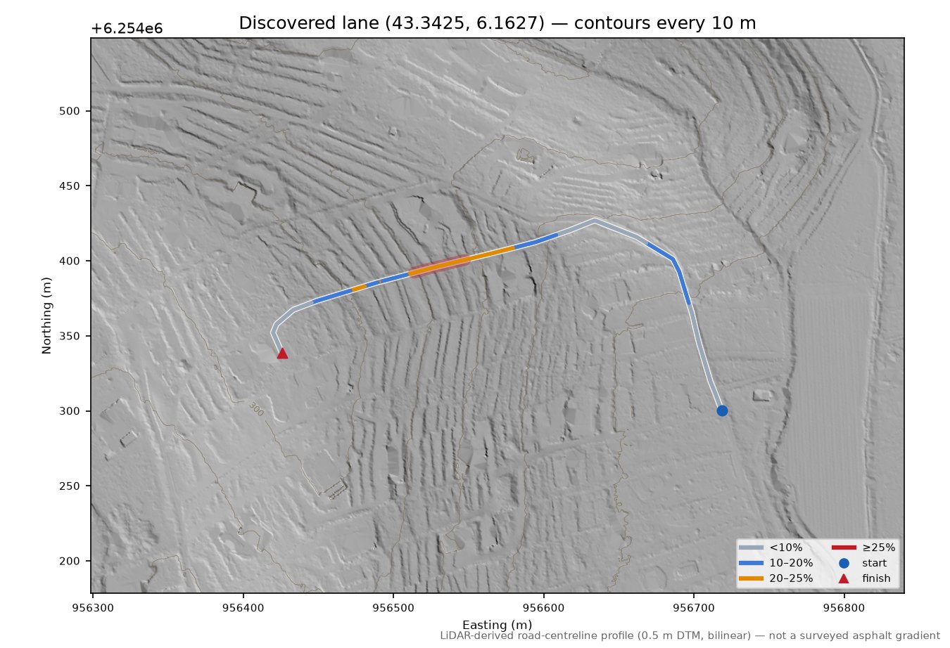 Discovered lane (43.3425, 6.1627) LiDAR hillshade map with contours