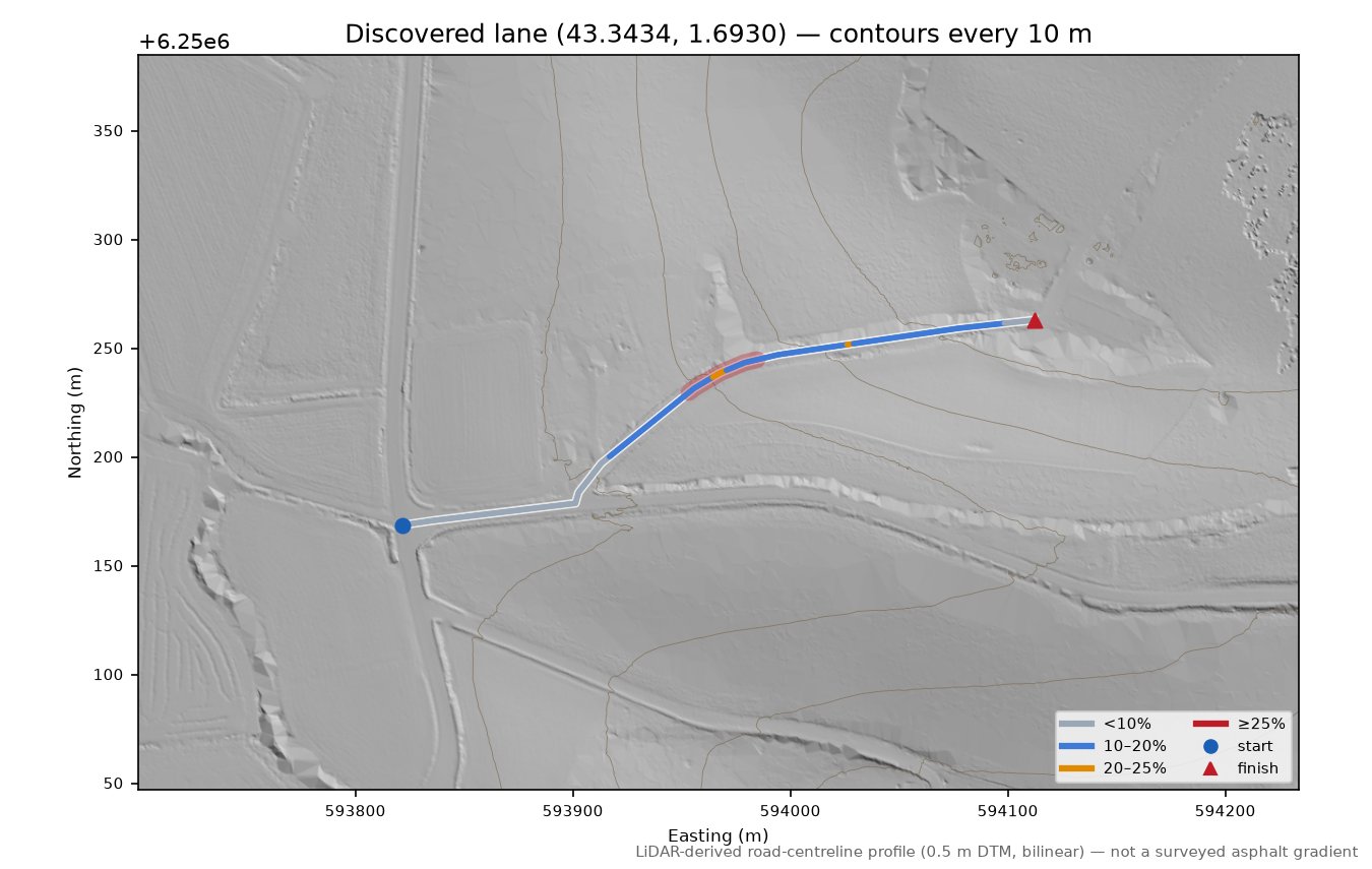 Discovered lane (43.3434, 1.6930) LiDAR hillshade map with contours
