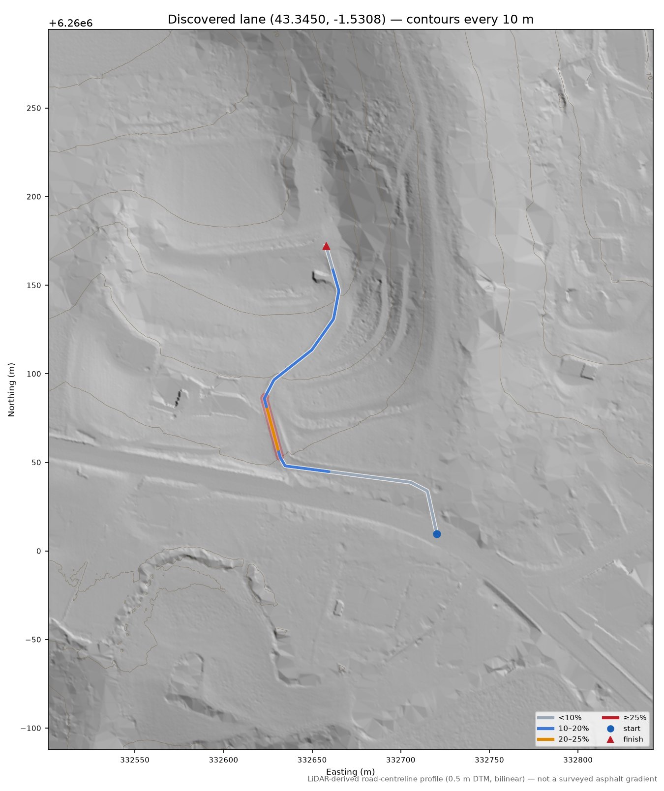 Discovered lane (43.3450, -1.5308) LiDAR hillshade map with contours