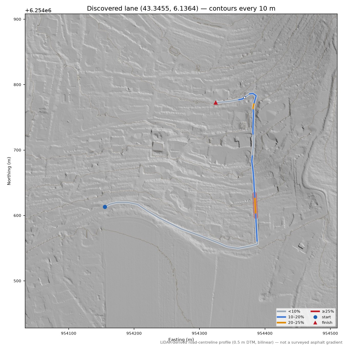 Discovered lane (43.3455, 6.1364) LiDAR hillshade map with contours