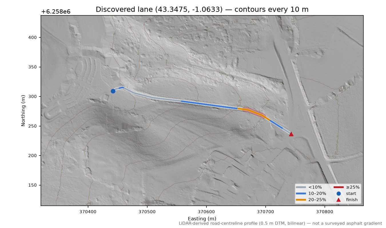 Discovered lane (43.3475, -1.0633) LiDAR hillshade map with contours