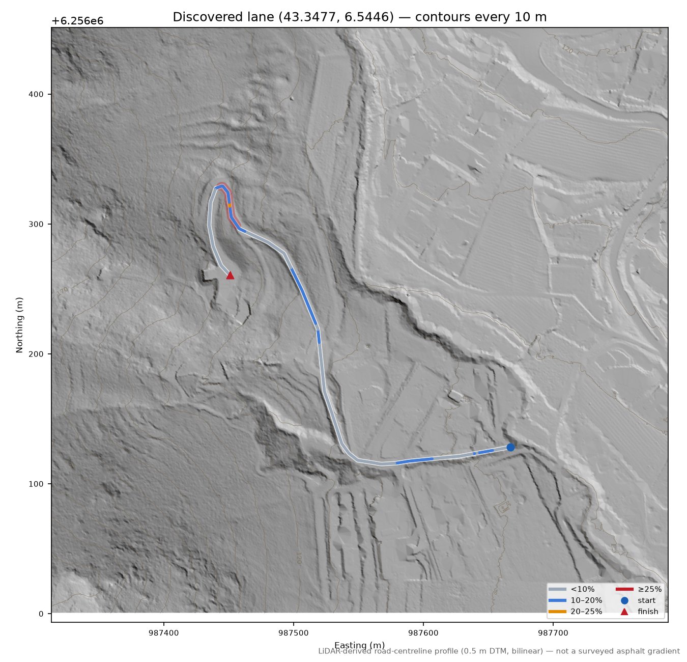 Discovered lane (43.3477, 6.5446) LiDAR hillshade map with contours