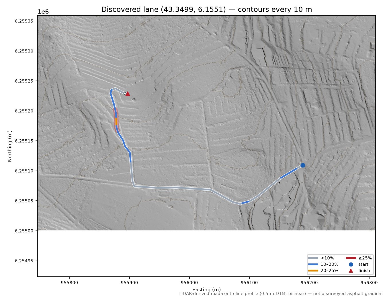 Discovered lane (43.3499, 6.1551) LiDAR hillshade map with contours