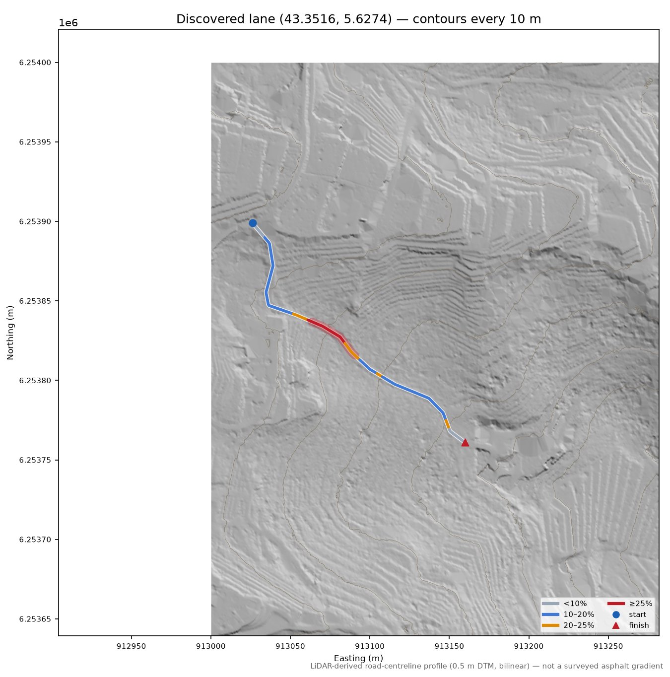 Discovered lane (43.3516, 5.6274) LiDAR hillshade map with contours