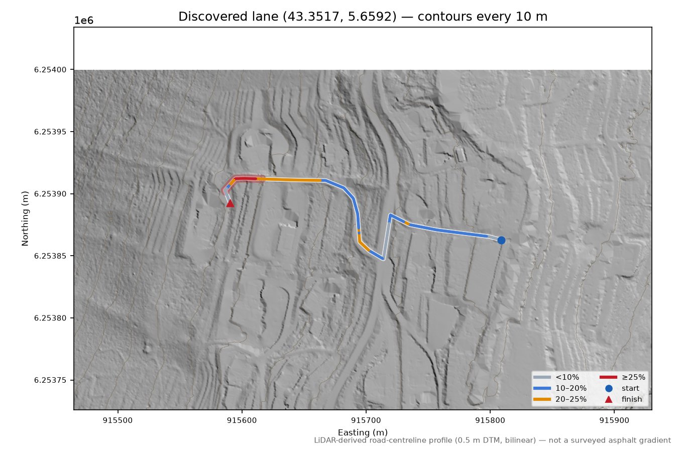 Discovered lane (43.3517, 5.6592) LiDAR hillshade map with contours