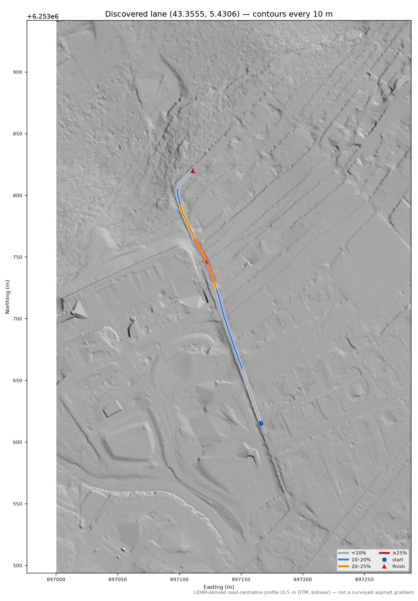 Discovered lane (43.3555, 5.4306) LiDAR hillshade map with contours