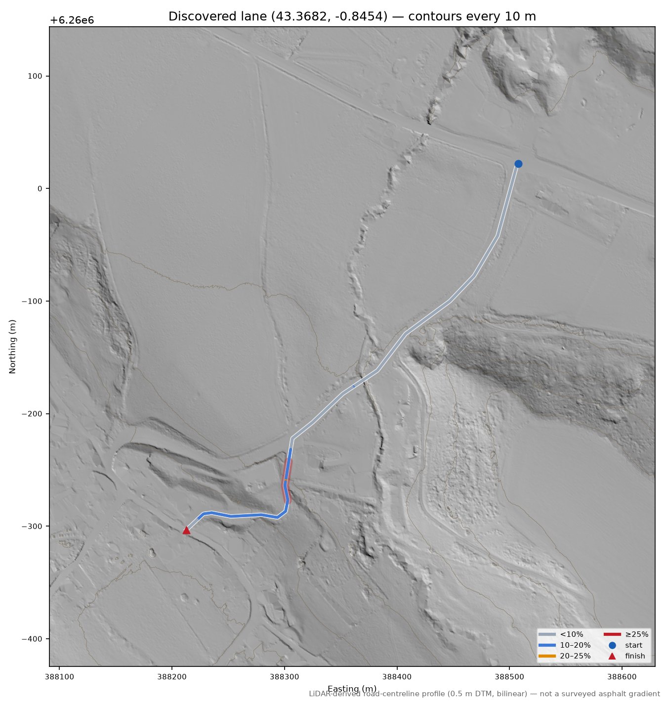 Discovered lane (43.3682, -0.8454) LiDAR hillshade map with contours