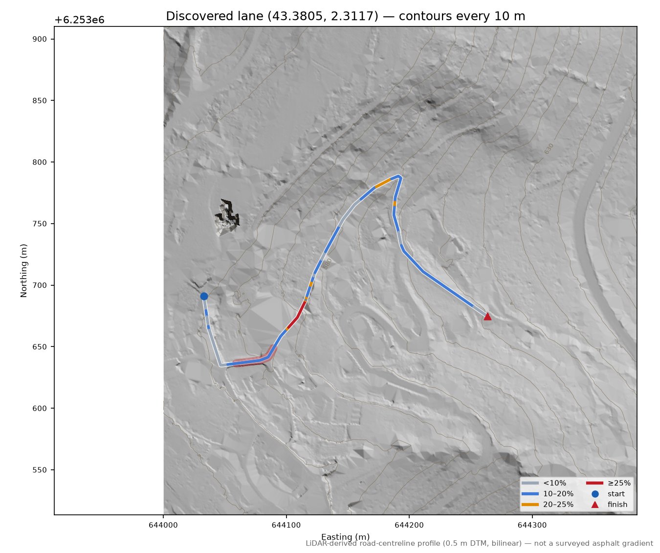 Discovered lane (43.3805, 2.3117) LiDAR hillshade map with contours