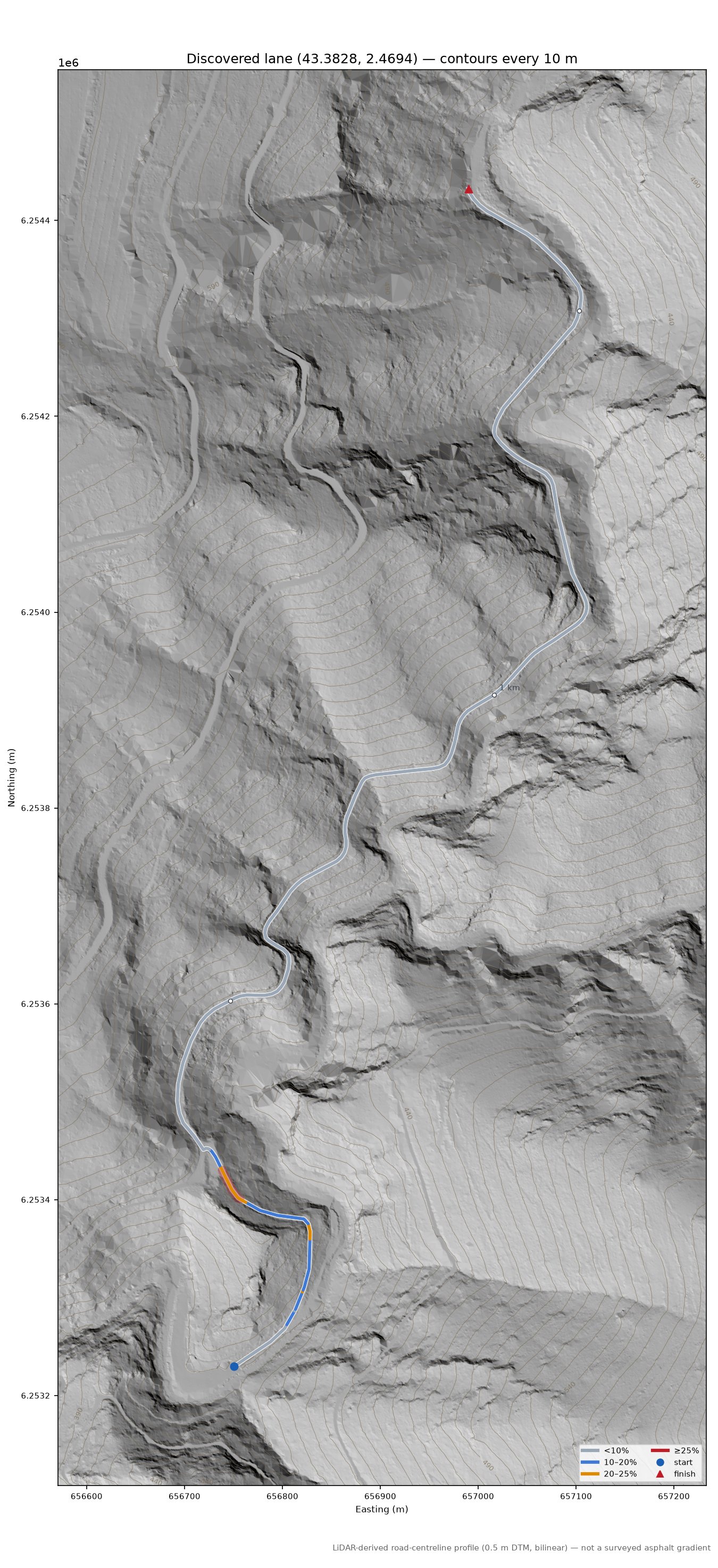 Discovered lane (43.3828, 2.4694) LiDAR hillshade map with contours