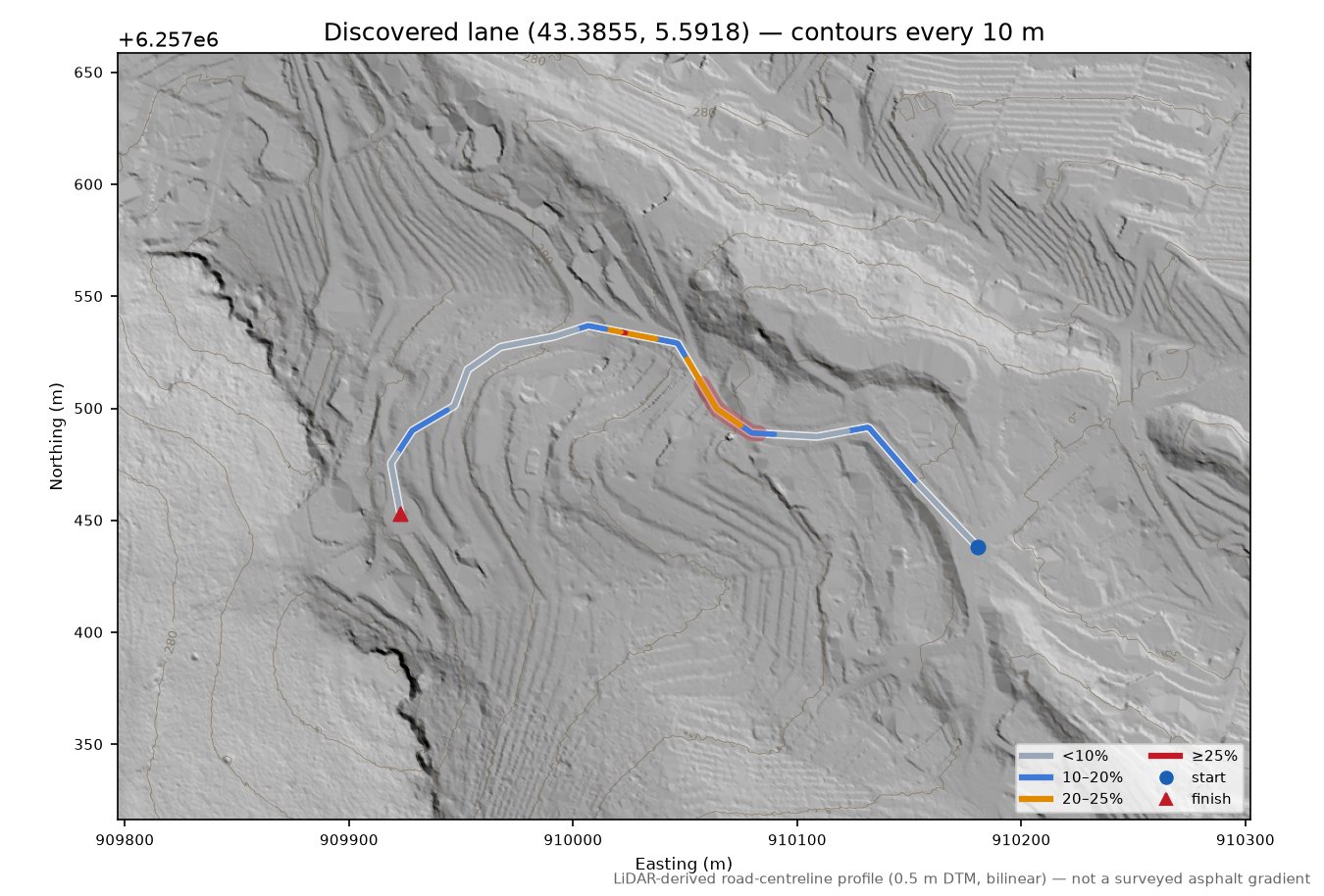 Discovered lane (43.3855, 5.5918) LiDAR hillshade map with contours