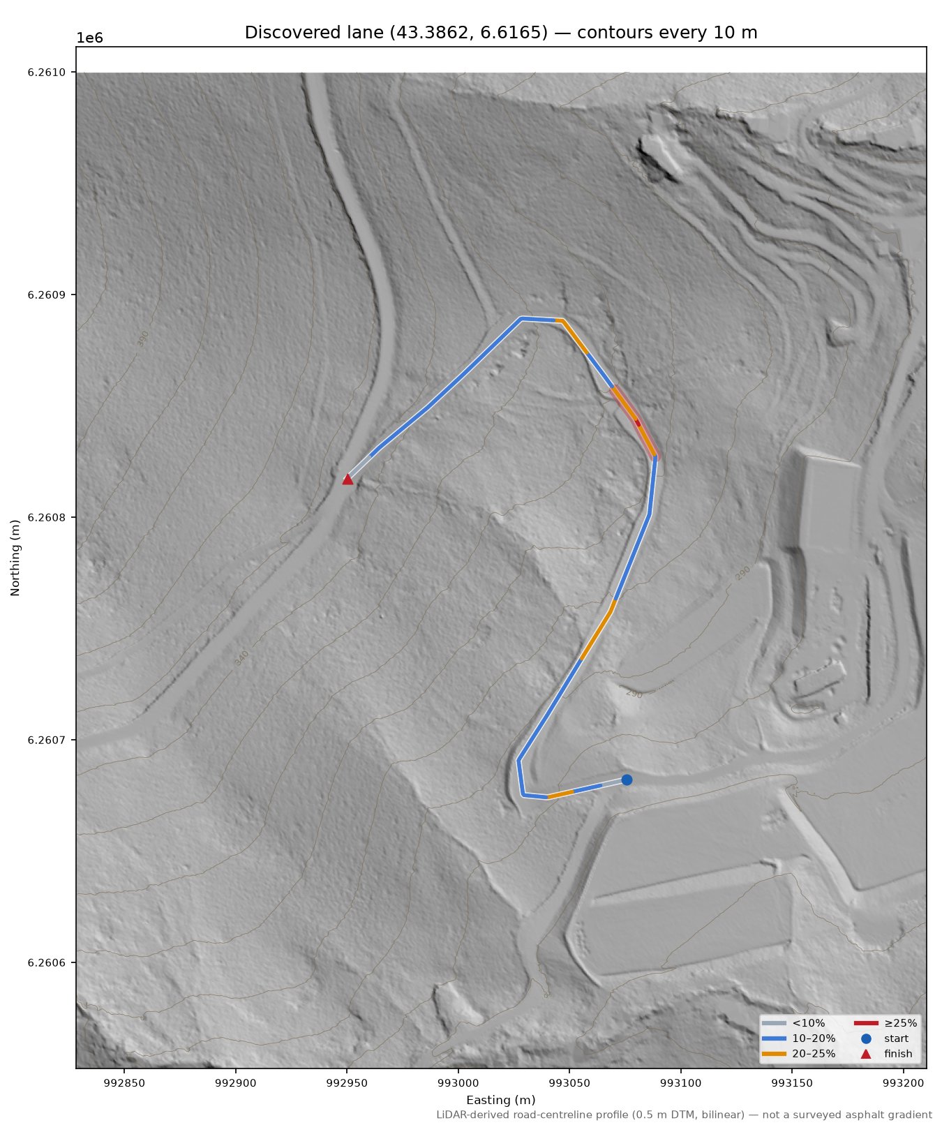 Discovered lane (43.3862, 6.6165) LiDAR hillshade map with contours