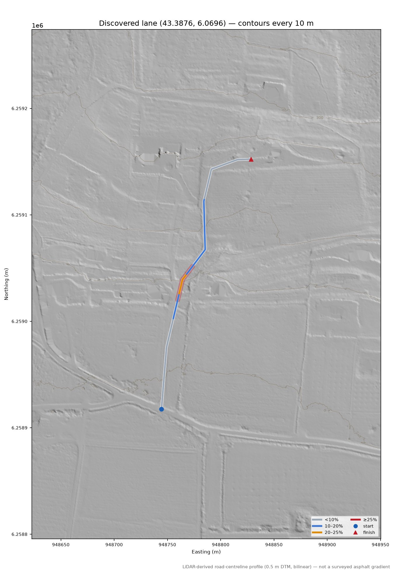 Discovered lane (43.3876, 6.0696) LiDAR hillshade map with contours