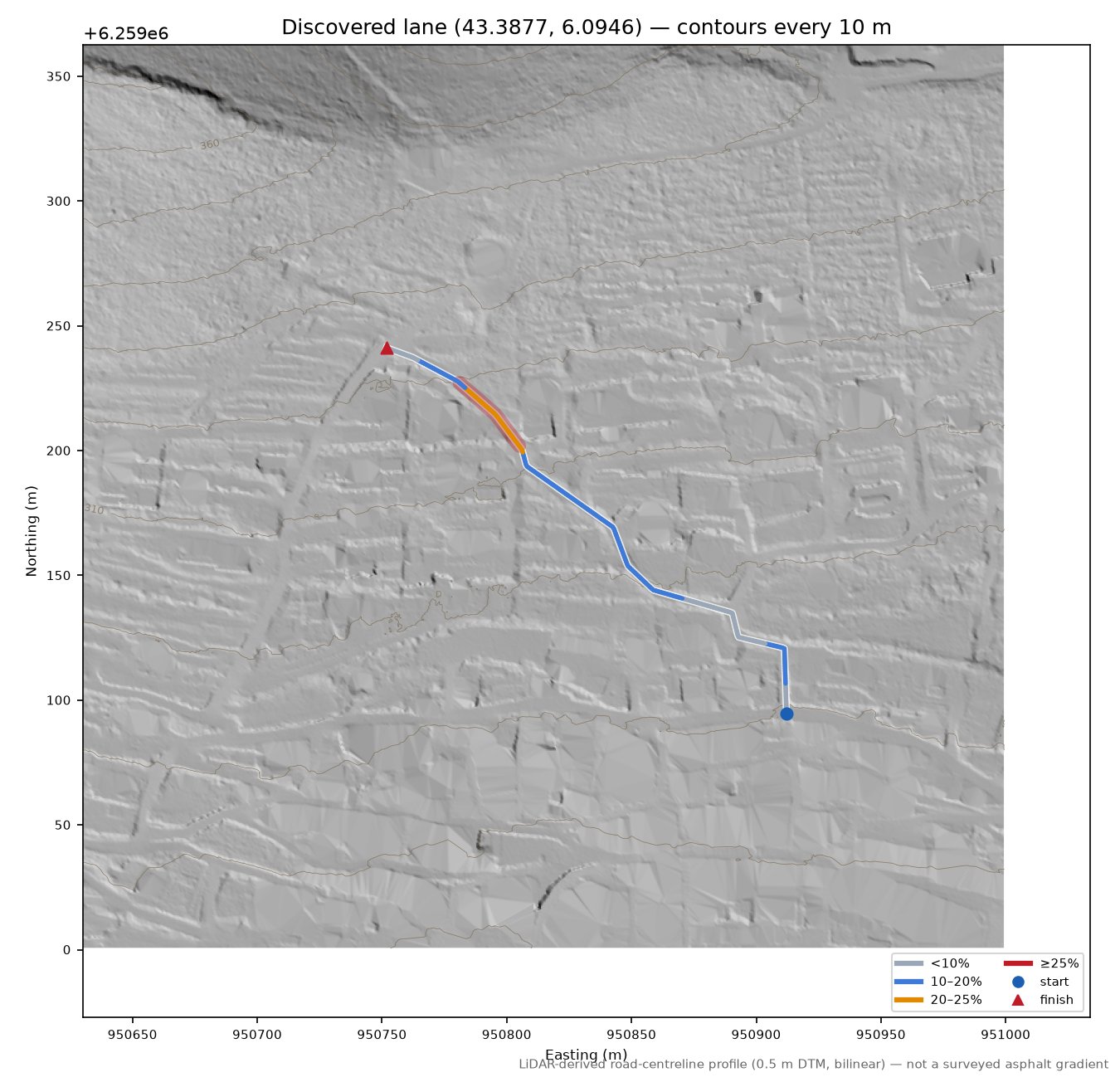 Discovered lane (43.3877, 6.0946) LiDAR hillshade map with contours