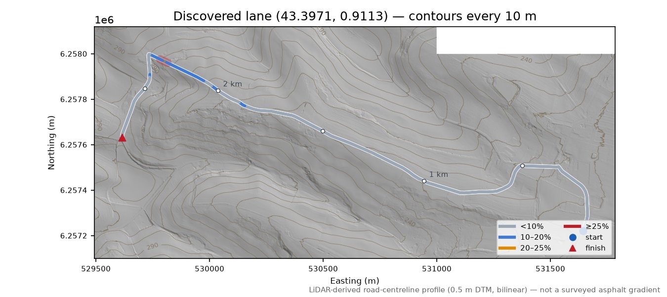 Discovered lane (43.3971, 0.9113) LiDAR hillshade map with contours